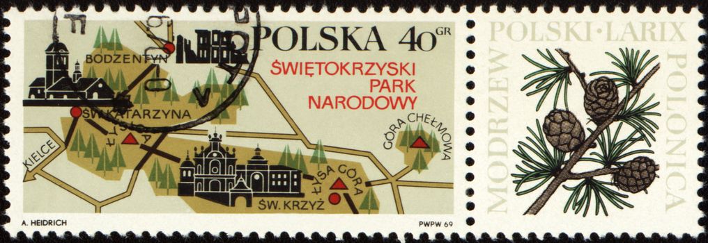 POLAND - CIRCA 1969: stamp printed in Poland, shows map of Swietokrzyski national park, circa 1969