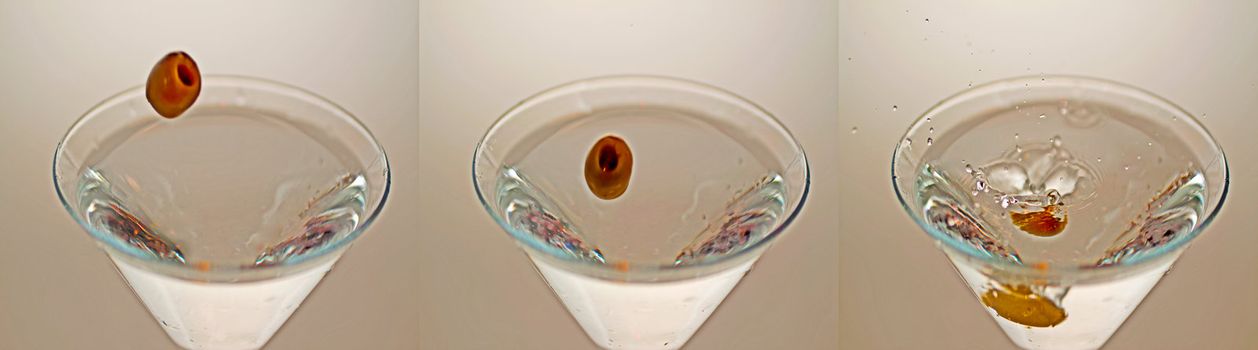 Tryptich of olive falling in the glass of a cocktail