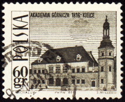 POLAND - CIRCA 1966: a stamp printed in Poland, shows Mining Academy in Kielce, circa 1966
