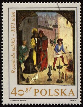 POLAND - CIRCA 1969: a stamp printed in Poland, shows cottage industry in medieval town, circa 1969
