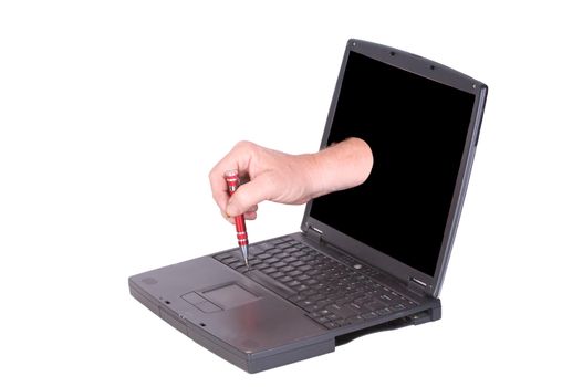 humorous image of a hand coming from within the screen of a laptop with a screwdriver as if a self correcting computer