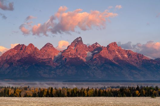 The Teton Mountains and mixed forest along the Snake River at sunrise in autumn, Grand Teton National Park, Wyoming, USA