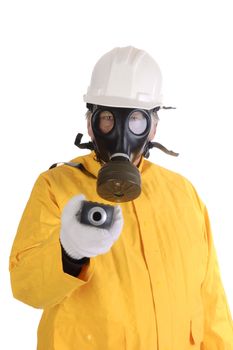 man in gas mask and hazmat suit measuring radiation content of viewer