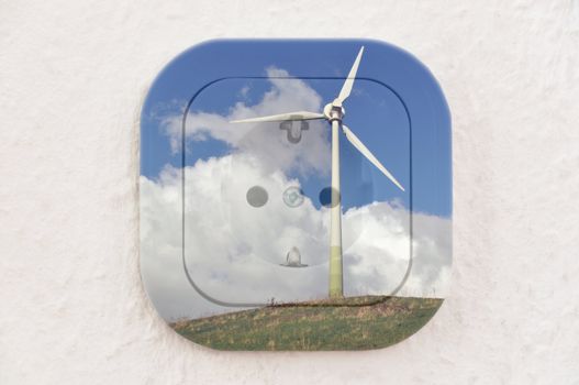 Conceptual: Wind Turbine over power outlet on ingrain wallpaper. File contains clipping path.