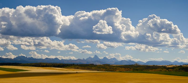 Panorama of rolling farmland, the Teton Mountains and cumulus clouds, Teton County, Idaho, USA