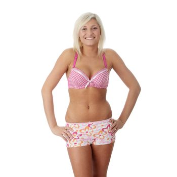 Beautiful and sexy Caucasian woman in pink underwear isolated on white background