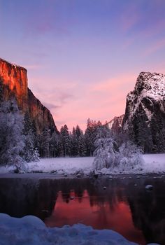 El Capitan and the Merced river at sunset in Yosemite valley, California during winter