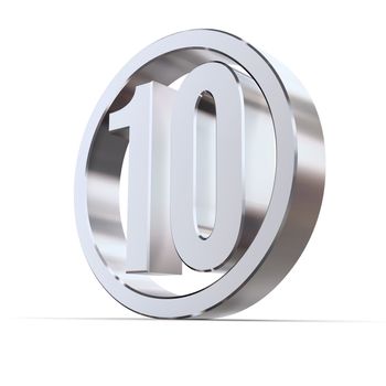 shiny 3d number 10 made of silver/chrome in a metallic circle