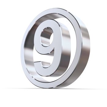 shiny 3d number 9 made of silver/chrome in a metallic circle