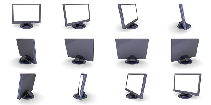 black glossy flat screen lcd computer monitor with a white desktop, green status led and blue decoration line - 12 views, 360 degrees