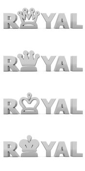 word Royal with shiny silver - grey letters - letter O is replaced by differently styled crowns