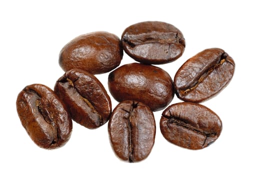 macro closeup of Coffee beans  on a white background