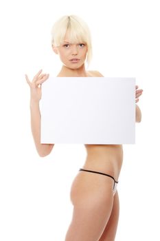Beauty topless girl holding blank sign board over white