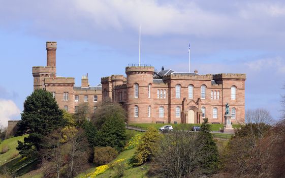 Hilltop Castle on embankment above the Rivar Ness at Inverness in Scotland