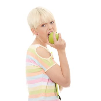 Beautiful young woman eating apple. Isolated on white