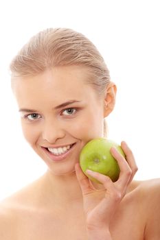 Beautiful girl eating green apple isolated on white background