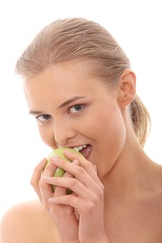 Beautiful girl eating green apple isolated on white background