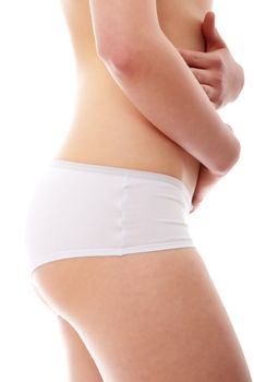 Close up photo of body of young fit female, isolated on white