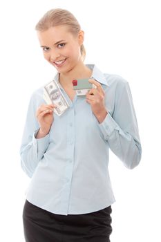Portrait of beauty woman with money and toy house in hands, isolated on white