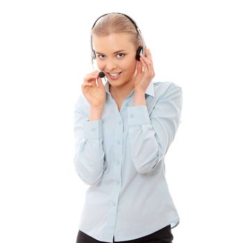 Call center woman with headset. Isolated on white background.