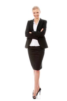 Portrait of beautiful caucasian business woman in black suit, isolated on white background