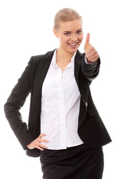 Young business woman showing OK sign, looking at camera and smiling. Isolated on white background.