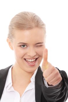 Young business woman showing OK sign, looking at camera and smiling. Isolated on white background.