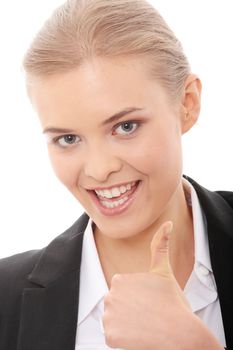 Young business woman showing OK sign, looking at camera and smiling. Isolated on white background.