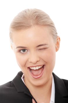 Businesswoman with big smile blinking. Isolated on white background