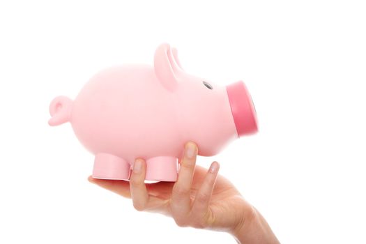 A woman hand holding a piggy bank. Isolated on white