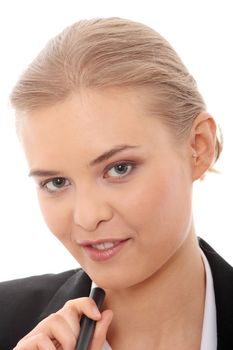 Young happy businesswoman, isolated on white
