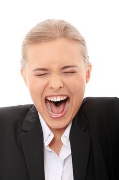Young business woman shouting, isolated on white background