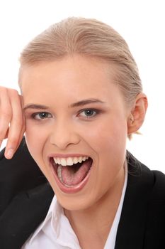 Young business woman shouting, isolated on white background