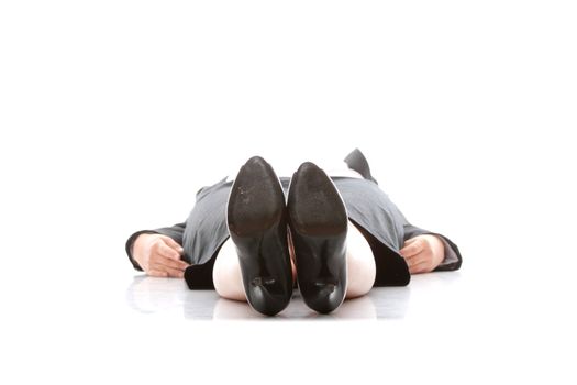 Businesswoman lying on the flor, isolated on white background
