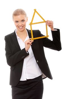 Beautiful businesswoman with house model , isolated on white background