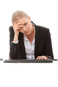 Bored businesswoman working on pc, isolated on white background