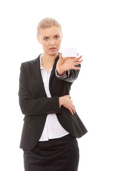 Beautiful businesswoman with business card, isolated on white background