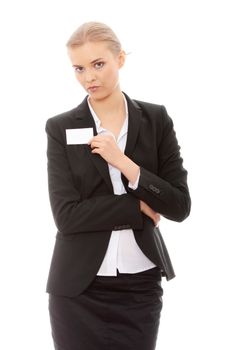 Beautiful businesswoman with business card, isolated on white background