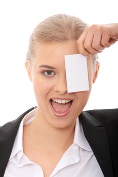 Young caucasian businesswoman with business card, isolated on white background