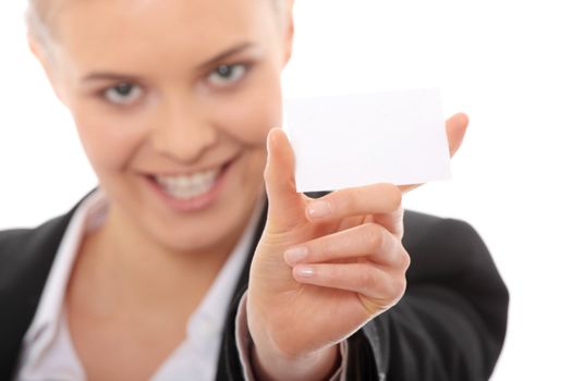 Young caucasian businesswoman with business card, isolated on white background. Focus on card