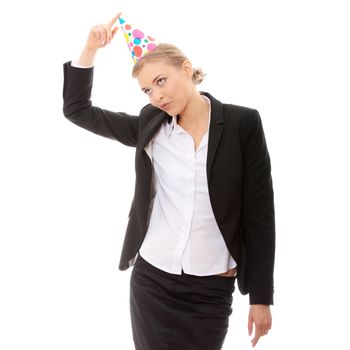 Young happy woman in business suit wearing party favors