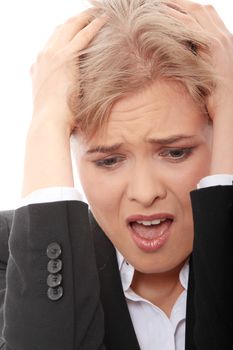 Young business woman with headache, isolated on white background