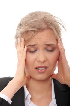 Young business woman with headache, isolated on white background