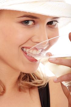 Summer girl drinking martini, isolated on white