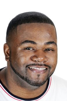 young smiling bearded African American man isolated on a white background