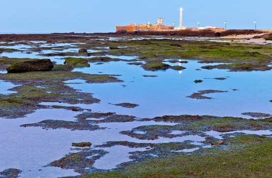 Landscape of the beach of La Caleta on  the province of Cadiz on Spain, about to dawn