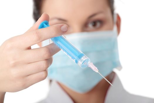 Young nurse in mask with syringe, isolated on white background
