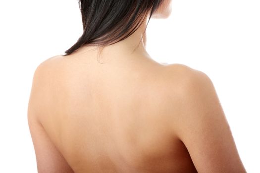 Nude beautiful female body from behind, neck close up , isolated on white background