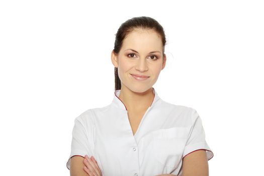 Young female doctor or nurse isolated on white background