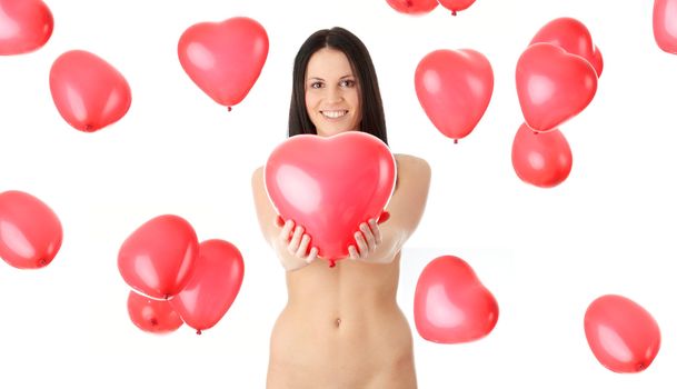 Beautiful nude girl with red heart balloon on a white background (love and valentines concept)
